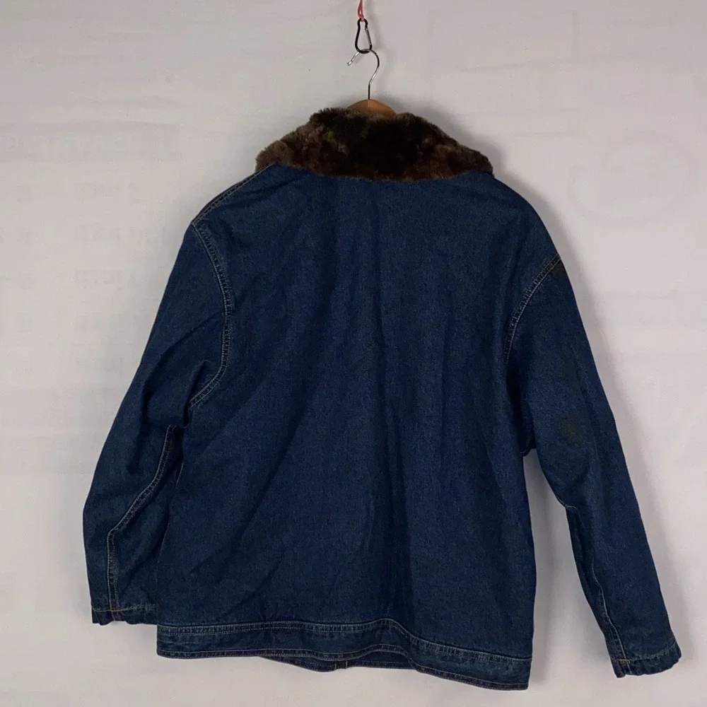 Liz Claiborne Jeans Jacket Girls L Blue Denim Cotton Faux‎ Fur Collar Zip Up